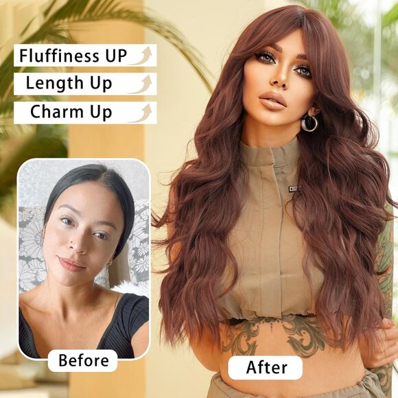 Long Wavy Reddish Brown Wigs With Bangs 28 Inch Chocolate Brown Side Part Curtai - Picture 4 of 7
